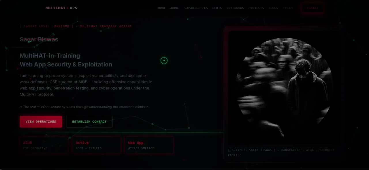 Dark cyber operations themed portfolio homepage for Sagar Biswas.